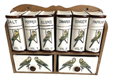 Vintage Fred Roberts Ceramic Spice Jars w Wood Wall Rack Japan Green Parakeets picture