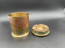 Tobacco Container with Ashtray Lid Hand Engraved Enamel-Decorative-Vtg-Unused picture