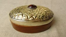 Vintage Oval Wood Box WIth Silver Lid With Amber Stone Embelishment picture