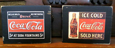 Two Vintage Coca Cola Advertising Primitive Distressed Wooden Sign Shelf Sitters picture
