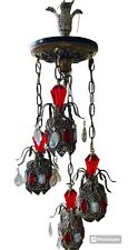 VTG/Antique Tulip Swag Light 4 Tier Hanging Lamp Ruby Red Chandelier Pendant picture