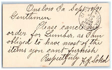 1891 Cancel Orer for Lumber FJ Sokol Onslow Iowa IA Clinton IA Postcard picture