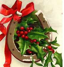 1910 Vintage Postcard, Christmas, Horseshoe, Holly Berries, Ribbon-Hol-14 picture