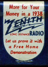 1930's ZENITH RADIO Full Midget Matchbook. Unstruck & Unused. picture