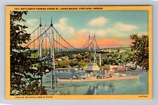 Portland OR-Oregon, Battleship Passing Under St Johns Bridge, Vintage Postcard picture