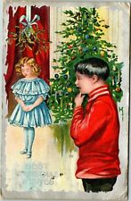 1909 Little Girl Waiting Under The Mistletoe Scared Little Boy- A15 picture