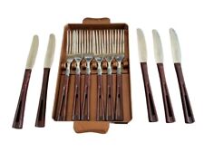 Stanhome MCM Stainless Flatware Brown Bakelite Handles Forks (6) Knives (5) Tray picture