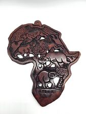Vintage Continent Of Africa Hand Carved Wooden Trivet Or Wall Plaque Lions Rhino picture