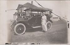 Old Car Man Woman Pana Flag Cracked Negative 1914 RPPC Photo Postcard picture