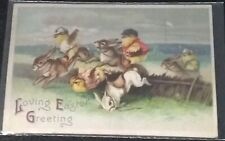 Easter Embossed Anthropomorphic Postcard 1913 Chick Jockeys Racing Rabbits  picture