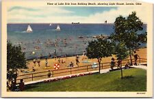 Lorain Ohio OH, Lake Erie from Bathing Beach, Light House, Vintage Postcard picture
