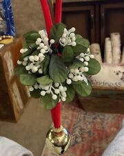 Vintage Christmas Mistletoe Artificial Floral With Bell On Red Velvet Rope picture