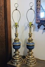 Pair of Vintage MCM Hollywood Regency Table Lamps, Blue Enamel & Brass.  picture