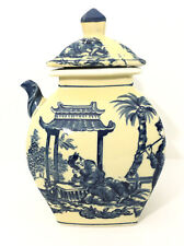 Vintage Blue & White Oriental/Asian Ceramic Tea Pot- Jar W/ Lid. 12”x8” Japanese picture