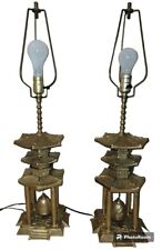 Vtg Set 2 Chinese Brass Pagoda Temple Table Lamp  Hanging Bell NO Shades 31