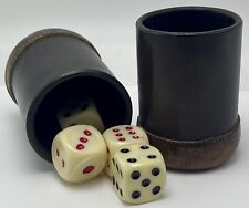 Vintage Stitched Leather Dice Cup Pair with Plastic Dice picture
