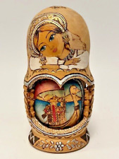 Vintage 5pc Matryoshka Russia Nesting Dolls Hand Painted Wood Burn Gold Foil picture