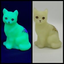 Rare Fenton Custard Uranium Glass Cat Daisy Hand Painted & Signed UV Green Glow picture