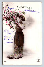 RPPC French Hand Colored Portrait Beautiful Woman Small Waist Flowers Postcard picture