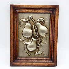Vintage Copper Relief Embossed Wall Art Picture Pears Fruit Wood Frame Signed picture