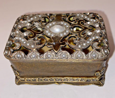 Heirloom Brass Box Enamel Embellished Treasure Trinket Lid Faux Pearls picture