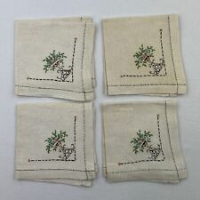 4 VINTAGE LINEN Flower Basket Embroidery Hemstitch COCKTAIL NAPKIN Set 10