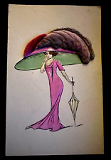 Art Nouveau Pretty Lady in Felt Hat~Umbrella ~ Novelty German Postcard~k472 picture