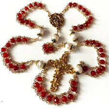 Gold Ladder to Heaven Red Agate & Real AAA10mm Pearl Catholic Rosary cross box picture