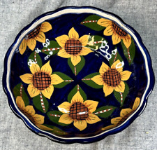 Vintage Talavera Sunflower Blue Pottery Redware 10” Scalloped Bowl, Mexico picture