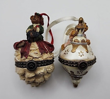 Vintage Boyd's Bear Hinged Trinket Box Ornament w/ Trinkets - Set of 2 picture
