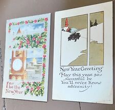 2 Antique New Year Greetings Postcards Clock Tower Winter Scene picture