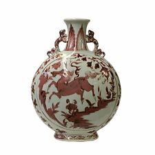 Chinese Off White Brick Blood Red Horses Graphic Theme Flask Vase ws1650 picture