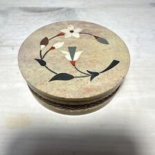 Vintage Soapstone Round Floral Trinket Box 4.25x1.25”T picture