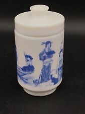 Vintage Belgium Chinoiserie Apothecary Milk Glass Jar Blue & white picture