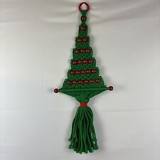 Vtg Macrame Christmas Tree Wall Hanging Green w/ Red Wood Beads MCM 28