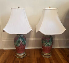 Pair of Vintage Chinese Porcelain Vase & Brass Table Lamps w Shades, 28