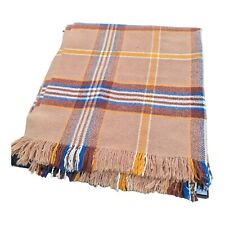 Vintage Brown Plaid Wool Fringe Edge Stadium Blanket /Picnic /Bed Throw 66 X 62