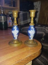 Pair Vintage Candlestick Holders Porcelain Brass Blue White Floral Pattern Gold picture
