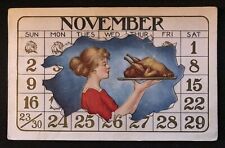 Rare~November Calendar Border & Lady with Turkey 1910~Thanksgiving Postcard~k229 picture