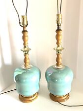 Mid Century Modern Turquoise Glazed Ceramic Table Lamps - No Shades Tested READ picture