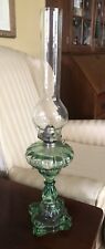 ANTIQUE  EMERALD GREEN GLASS KEROSENE OIL LAMP With LARGE CHIMNEY picture