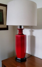 Vtg Mid Century Modern Red Octagonal Ceramic & Wood Tabld Lamp picture