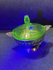 Vintage Green Depression Uranium  Glass Candy  Dish w/ Pewter Holder picture