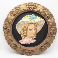Vintage Chalkware Girl Lady Wearing a Flower Bonnet Wall Plaque picture