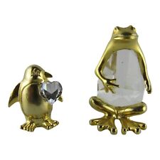 Lot of 2 Vintage Spoontiques Pewter Gold Frog and Penguin Crystal Figurines picture