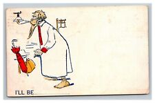 Vintage 1910's Comic Postcard - Man in Nightshirt Trying to Blow Out Light Bulb picture