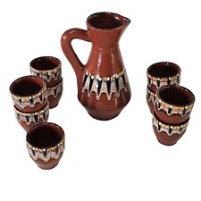 Vintage 1950s Bulgarian Troyan Red Feather Pitcher & Cup Set 9 Cups 12 oz picture