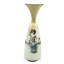 Antique 1886 DOULTON BURSLEM Bud Vase 7” Porcelain Gilt Little Girl Feeding Bird picture