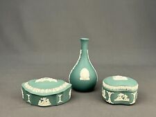 3 Pc Wedgwood Teal Jasperware Vase, Kidney Bean + Heart Shaped Trinket Box; Mint picture