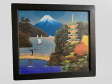 Vintage Framed Japanese Art Silk Print Hand-painted Mountain Boat Man Bridge 18